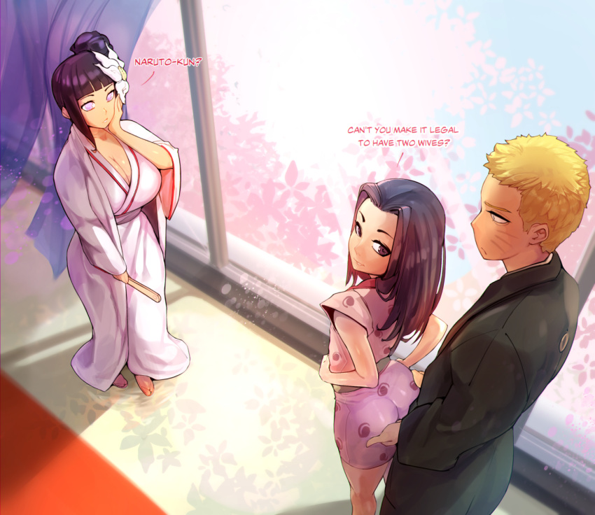 1girl 2boys ass ass_grab bangs black_eyes black_hair blonde_hair blunt_bangs breasts cleavage english_text facial_mark fingering fingering_through_clothes haku_(naruto) hand_fan hand_on_own_cheek hand_on_own_face height_difference highres holding holding_fan husband_and_wife hyuuga_hinata japanese_clothes kimono kokman large_breasts looking_back multiple_boys naruto:_the_last naruto_(series) otoko_no_ko petite side_ponytail standing through_clothes uzumaki_naruto whisker_markings yaoi