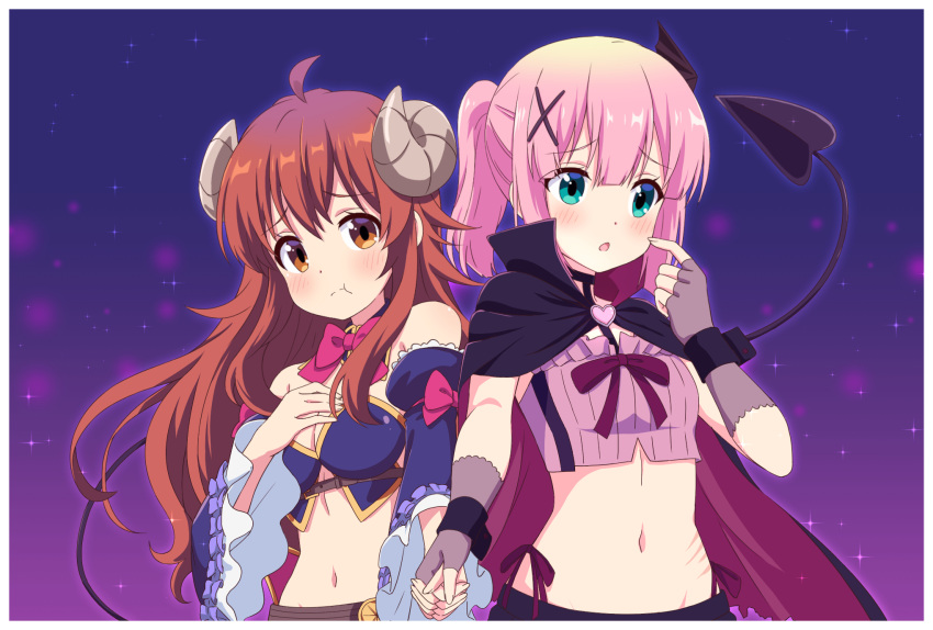 2girls :o :t ahoge bangs black_cloak blue_sleeves blush bow breasts brown_eyes brown_hair chiyoda_momo cleavage cloak closed_mouth crop_top curled_horns dark_persona demon_girl demon_horns demon_tail detached_sleeves eyebrows_visible_through_hair fingerless_gloves frilled_sleeves frills gloves green_eyes grey_gloves hair_between_eyes hand_up heart highres holding_hands horns interlocked_fingers juliet_sleeves long_hair long_sleeves machikado_mazoku medium_breasts midriff multiple_girls navel parted_lips pink_hair ponytail pouch puffy_sleeves purple_bow tail very_long_hair wide_sleeves x-6 yoshida_yuuko_(machikado_mazoku)