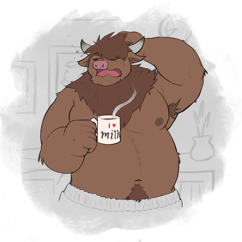 &lt;3 2022 absurd_res anthro armpit_hair belly big_belly body_hair bovid bovine cattle clothing eyes_closed freakinglargeoof hi_res male mammal moobs mug navel nipples overweight overweight_male solo tired underwear