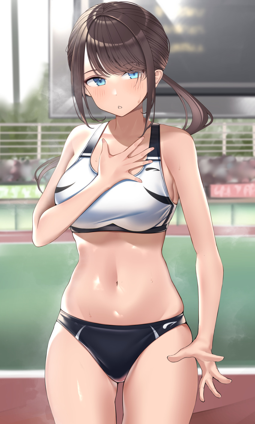 1girl absurdres blue_eyes blurry blurry_background breasts brown_hair eyebrows_visible_through_hair hand_on_own_chest highres kaku_yone long_hair looking_at_viewer medium_breasts midriff navel original outdoors ponytail solo sports_bra stomach sweat thighs track_and_field