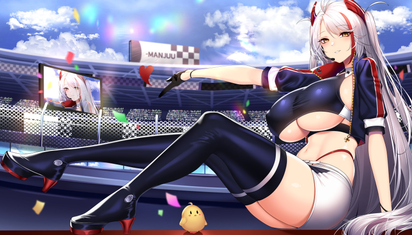 1girl absurdres azur_lane black_footwear black_gloves boots breasts chixiao gloves highres large_breasts long_hair looking_at_viewer manjuu_(azur_lane) multicolored_hair prinz_eugen_(azur_lane) race_queen red_hair sitting smile solo streaked_hair thigh_boots thighhighs