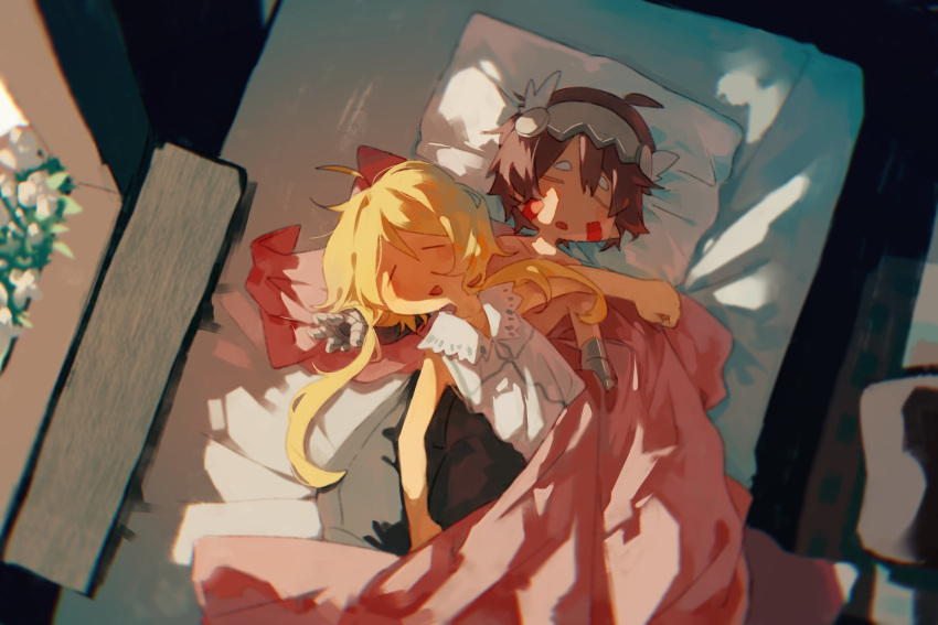 1boy 1girl ahoge bed bed_sheet black_pants blonde_hair brown_hair closed_eyes collarbone facial_mark flower from_above highres indoors kumo02 long_hair low_twintails lying lying_on_person made_in_abyss mechanical_arms on_back on_bed open_mouth pants pillow regu_(made_in_abyss) riko_(made_in_abyss) shirt short_hair sleeping sleeveless sleeveless_shirt sunlight twintails white_shirt window windowsill