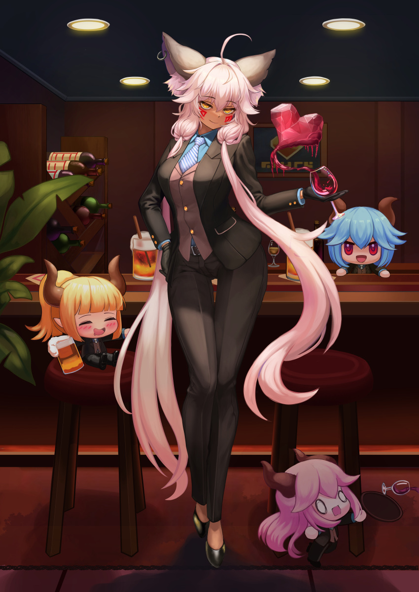 absurdres ahoge animal_ears b-pang black_gloves black_pants breasts cup eyebrows_visible_through_hair facial_tattoo formal gloves guardian_tales hand_on_hip heart highres holding holding_cup ice_witch_lupina indoors looking_at_viewer medium_breasts necktie official_alternate_costume pants pink_hair short_hair_with_long_locks solo_focus suit tattoo wolf_ears wolf_girl yellow_eyes