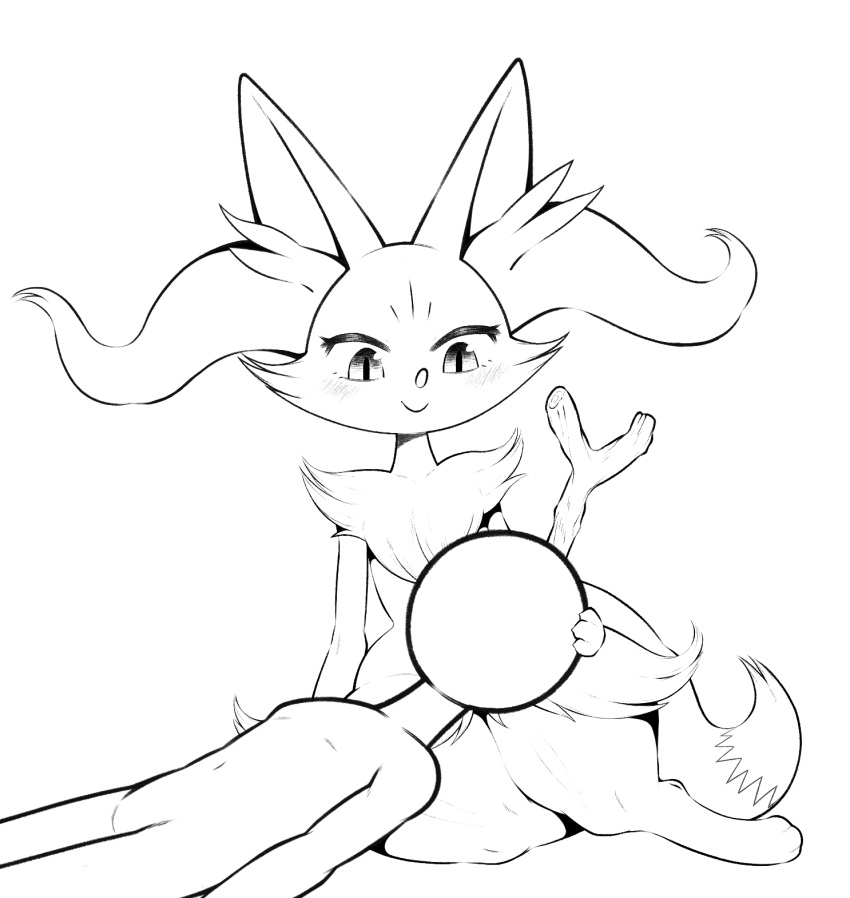 2019 absurd_res ambiguous_gender anon anthro blush box_(hajimeyou654) braixen canid canine cheek_tuft chest_tuft digital_media_(artwork) duo faceless_character faceless_human facial_tuft female fluffy fluffy_tail fur head_on_lap hi_res huge_hips huge_thighs humanoid inner_ear_fluff looking_at_another mammal monochrome nintendo on_lap pok&eacute;mon pok&eacute;mon_(species) simple_background sitting smile stick tail_tuft thick_thighs tuft video_games white_background wide_hips