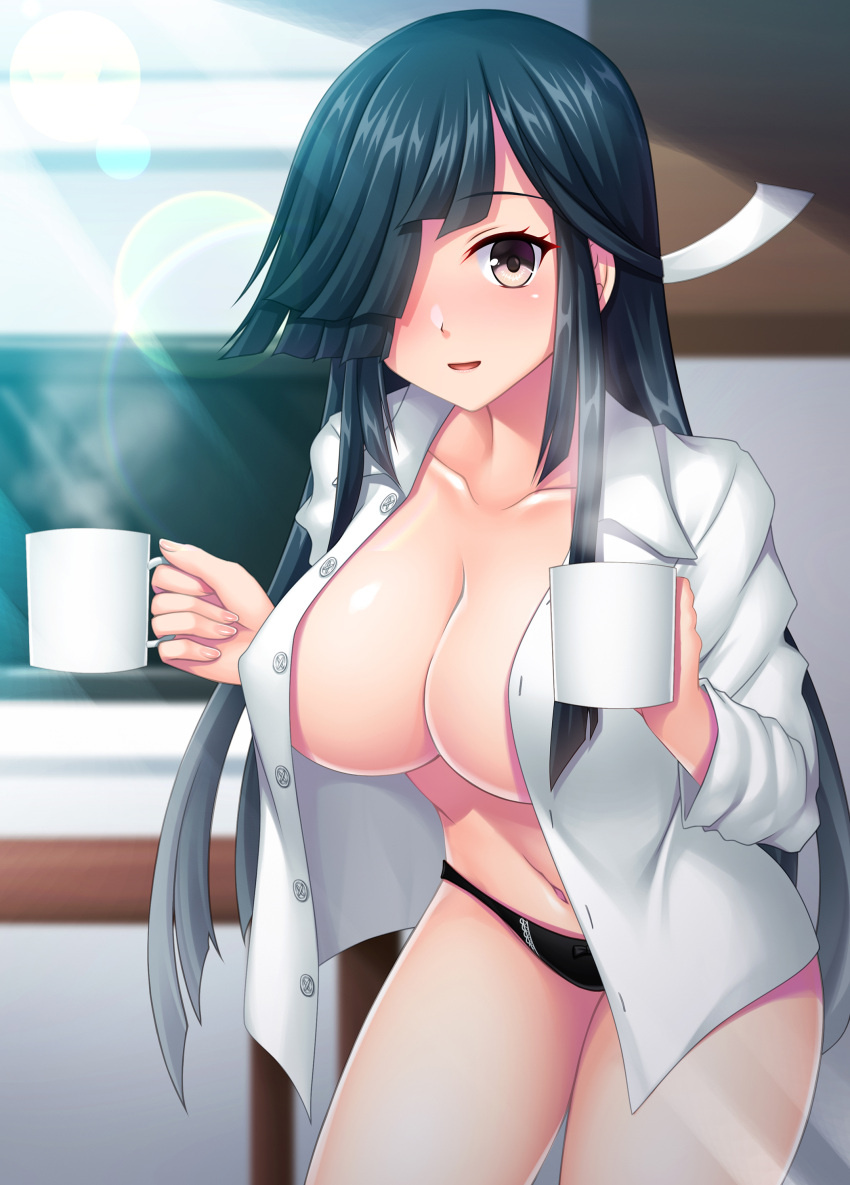 1girl absurdres black_hair black_panties blush breasts buttons cleavage collarbone collared_shirt commission cowboy_shot cup eyebrows_visible_through_hair hair_over_one_eye hair_ribbon hayashimo_(kancolle) highres holding holding_cup kantai_collection large_breasts long_hair long_sleeves navel open_clothes open_mouth open_shirt panties pixiv_request ribbon ruin_re_birth shirt smile solo underwear white_ribbon white_shirt yellow_eyes