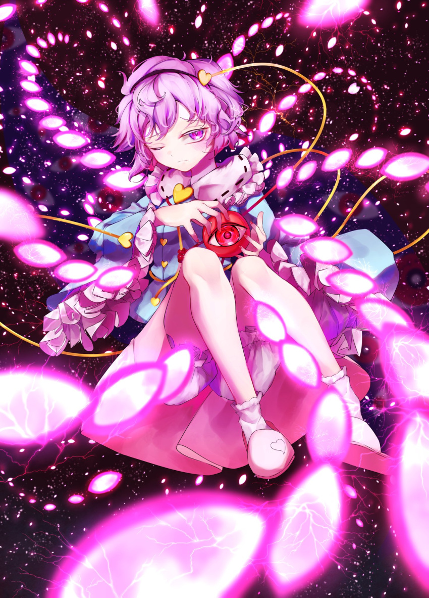 1girl bangs black_background black_hairband blue_shirt calpis118 closed_mouth full_body hairband heart highres komeiji_satori looking_at_viewer one_eye_closed pink_eyes pink_hair pink_skirt red_eyes shirt short_hair skirt solo spell_card third_eye touhou white_legwear