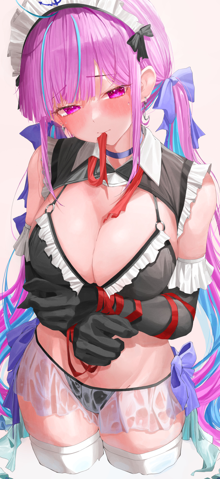 1girl absurdres anchor_earrings bangs bikini black_bikini black_gloves blue_bow blue_choker blue_hair blush bow breasts choker cleavage closed_mouth cropped_legs earrings elbow_gloves eyebrows_visible_through_hair frilled_bikini frills gloves hair_bow highres hololive jewelry large_breasts long_hair maid_headdress minato_aqua mouth_hold multicolored_hair pink_hair purple_eyes red_ribbon ribbon ribbon_in_mouth simple_background solo swimsuit tarutaru_(ryousuke) thighhighs twintails two-tone_hair very_long_hair virtual_youtuber white_legwear
