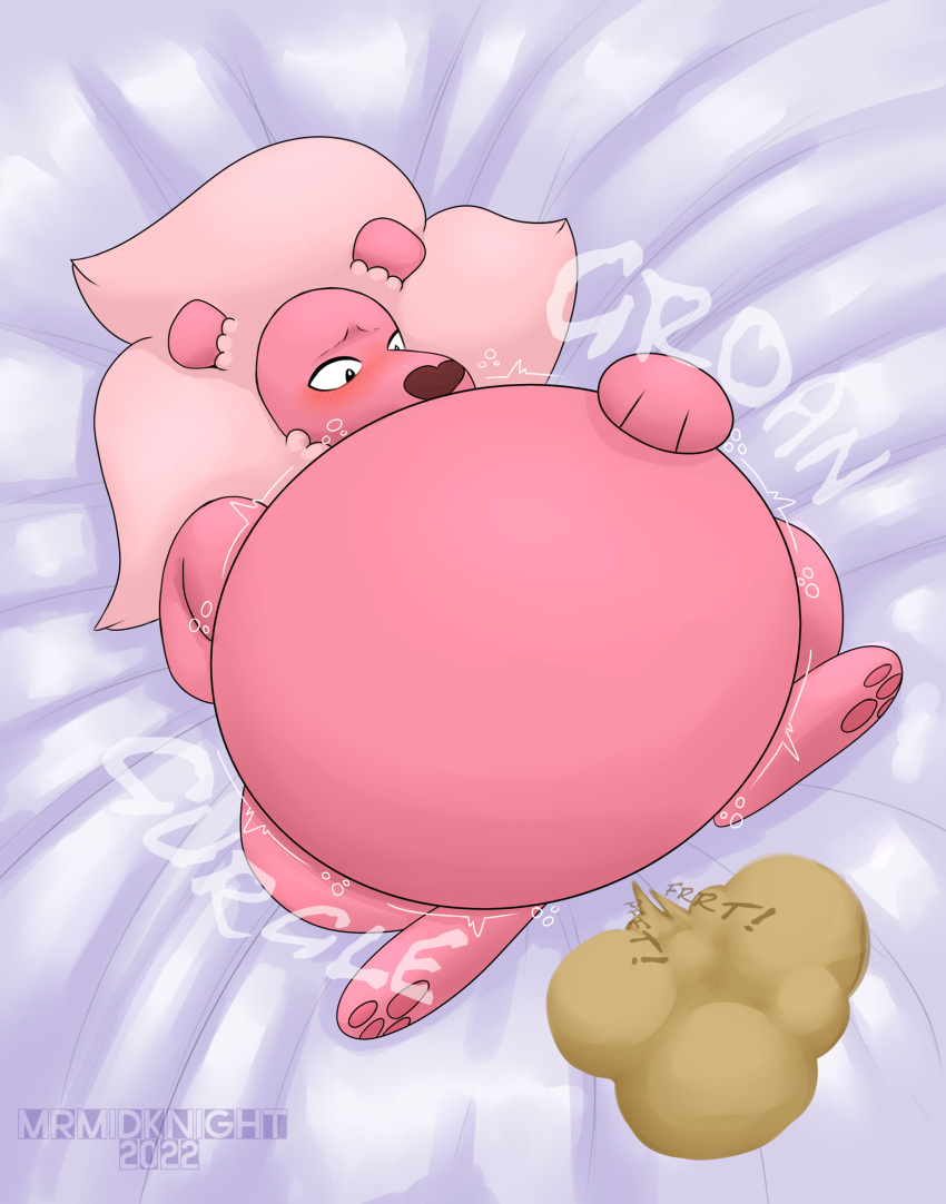 bed bed_sheet bedding bedding_background belly belly_expansion belly_inflation big_belly bloated bloating blush cartoon_network digital_drawing_(artwork) digital_media_(artwork) expansion fart fart_cloud fart_fetish felid feral fur furniture hi_res hyper inflation lion lion_(steven_universe) lying male mammal mane mrmidknight200 on_back pantherine pawpads pink_body pink_fur solo steven_universe text xxmidknightxx