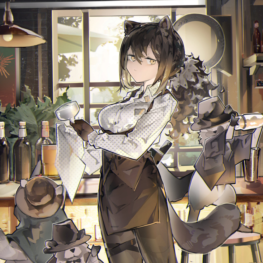 1girl absurdres animal_ears arknights bottle cocktail cocktail_glass cowboy_shot cup drinking_glass freckles highres holding holding_cup jumbowhopper pantyhose polka_dot polka_dot_shirt raccoon raccoon_ears raccoon_girl raccoon_tail robin_(arknights) shirt tail