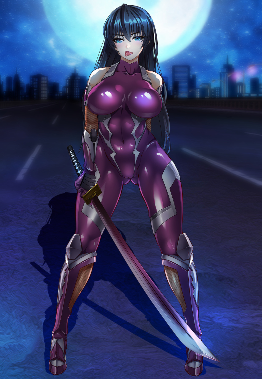 1girl absurdres arion_canvas bangs bare_shoulders blue_eyes blue_hair bodysuit breasts city city_lights cloud cloudy_sky elbow_gloves full_moon gloves highres holding holding_sword holding_weapon igawa_asagi katana large_breasts long_hair looking_at_viewer moon night night_sky ninja open_mouth purple_bodysuit purple_gloves shadow sky solo standing sword taimanin_(series) taimanin_asagi tongue tongue_out weapon