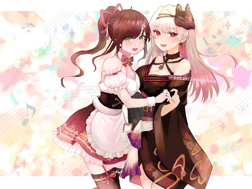 2girls :d apron bangs bare_shoulders black_kimono black_legwear blonde_hair breasts brown_hair cleavage_cutout clothing_cutout commentary_request commission detached_sleeves earrings eyebrows_visible_through_hair fox_mask frills gradient_hair green_eyes hair_ribbon highres japanese_clothes jewelry kimono large_breasts long_hair looking_at_viewer makurano_neena mask mask_on_head miori_celesta mole mole_under_mouth multicolored_hair multiple_girls musical_note oekaki3nekoneko off-shoulder_kimono open_mouth pink_hair ponytail production_kawaii puffy_detached_sleeves puffy_sleeves red_eyes red_ribbon ribbon skeb_commission smile staff_(music) star_(symbol) star_in_eye symbol_in_eye tassel tassel_earrings thighhighs treble_clef_hair_ornament tsunderia twitter_username virtual_youtuber waist_apron wide_sleeves