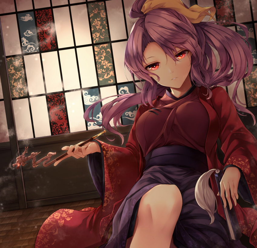 1girl breasts feet_out_of_frame hair_between_eyes highres holding holding_smoking_pipe indoors japanese_clothes kiseru komakusa_sannyo long_hair long_sleeves midori_(misuriru8) ponytail purple_hair red_eyes ribbon sitting sliding_doors smoking_pipe solo touhou wide_sleeves