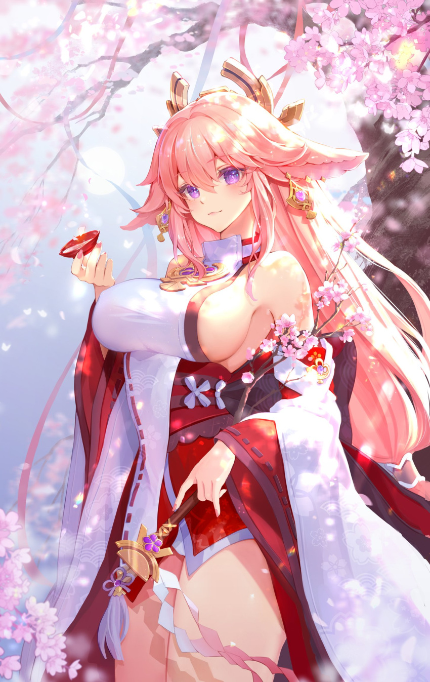 1girl alcohol breasts cherry_blossoms closed_mouth cup detached_sleeves eyebrows_visible_through_hair genshin_impact hair_between_eyes highres holding holding_cup large_breasts light_smile long_hair looking_at_viewer mushroommirror nontraditional_miko petals pink_hair purple_eyes sake smile solo wide_sleeves yae_miko