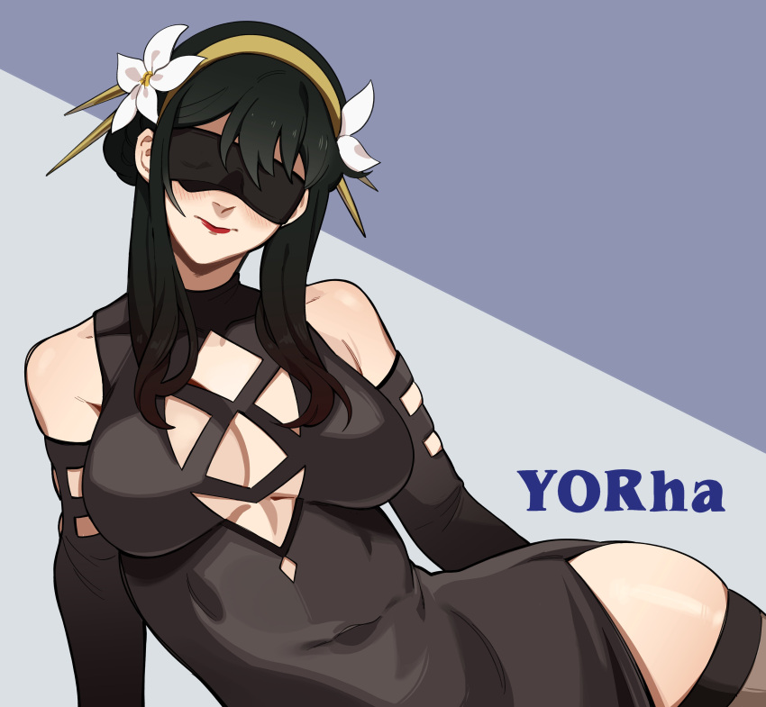 1girl absurdres bangs bare_shoulders black_blindfold black_dress black_hair blindfold blush breasts cleavage dress flower hair_flower hair_ornament hairband highres large_breasts lipstick long_hair looking_at_viewer makeup porqueloin pun red_lips sidelocks solo spy_x_family yor_briar yorha_no._2_type_b