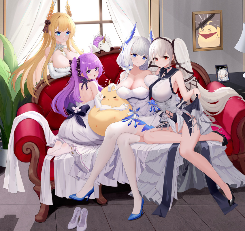 4girls absurdly_long_hair absurdres ahoge ass azur_lane backless_dress backless_outfit bangs bare_shoulders black_choker black_neckerchief black_ribbon black_sailor_collar blonde_hair blue_eyes blue_footwear bow breasts chinese_commentary choker cleavage closed_mouth clothing_cutout cocktail_dress collarbone commentary_request couch crossed_legs detached_collar detached_sleeves dress elbow_gloves evening_gown eyebrows_visible_through_hair feather_dress flower formidable_(azur_lane) formidable_(timeless_classics)_(azur_lane) frilled_dress frills full_body gloves grey_hair hair_between_eyes hair_ornament hair_ribbon hair_wings high_heels highres illustrious_(azur_lane) illustrious_(illustrious_ball)_(azur_lane) illustrious_(muse)_(azur_lane) indoors lamp large_breasts laurel_crown long_dress long_hair looking_at_viewer medium_breasts mole mole_under_eye multiple_girls navel navel_cutout neckerchief niballl official_alternate_costume open_mouth parted_lips picture_(object) purple_eyes purple_hair red_eyes ribbon rose sailor_collar seiza shadow shoes shoes_removed sidelocks sitting sleeveless sleeveless_dress smile standing strapless strapless_dress stuffed_animal stuffed_toy stuffed_unicorn stuffed_winged_unicorn thighhighs twintails unicorn_(azur_lane) veil very_long_hair victorious_(azur_lane) wedding_dress white_dress white_gloves white_hair white_legwear white_sleeves window