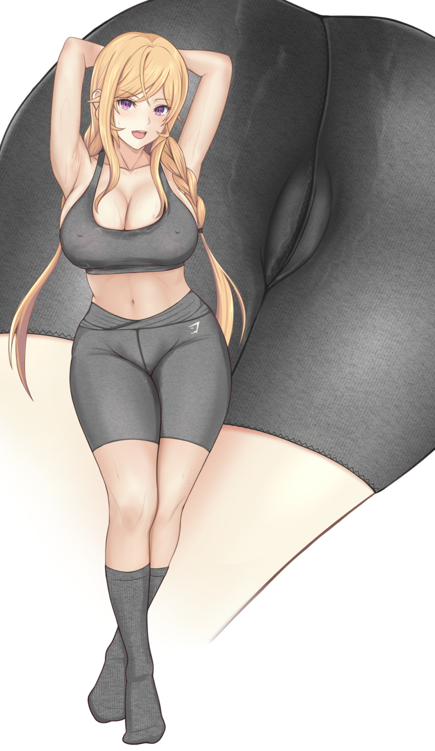 1girl :d armpits arms_behind_head arms_up ass ass_focus bajitohfu bangs blonde_hair blush braid breasts cameltoe covered_nipples eyebrows_visible_through_hair grey_legwear grey_shorts grey_sports_bra hair_tie highres large_breasts long_hair looking_at_viewer low_twintails midriff multiple_views nakiri_erina navel pants purple_eyes shokugeki_no_souma shorts smile socks sports_bra stomach sweat teeth tight tongue twin_braids twintails upper_teeth wide_hips yoga_pants