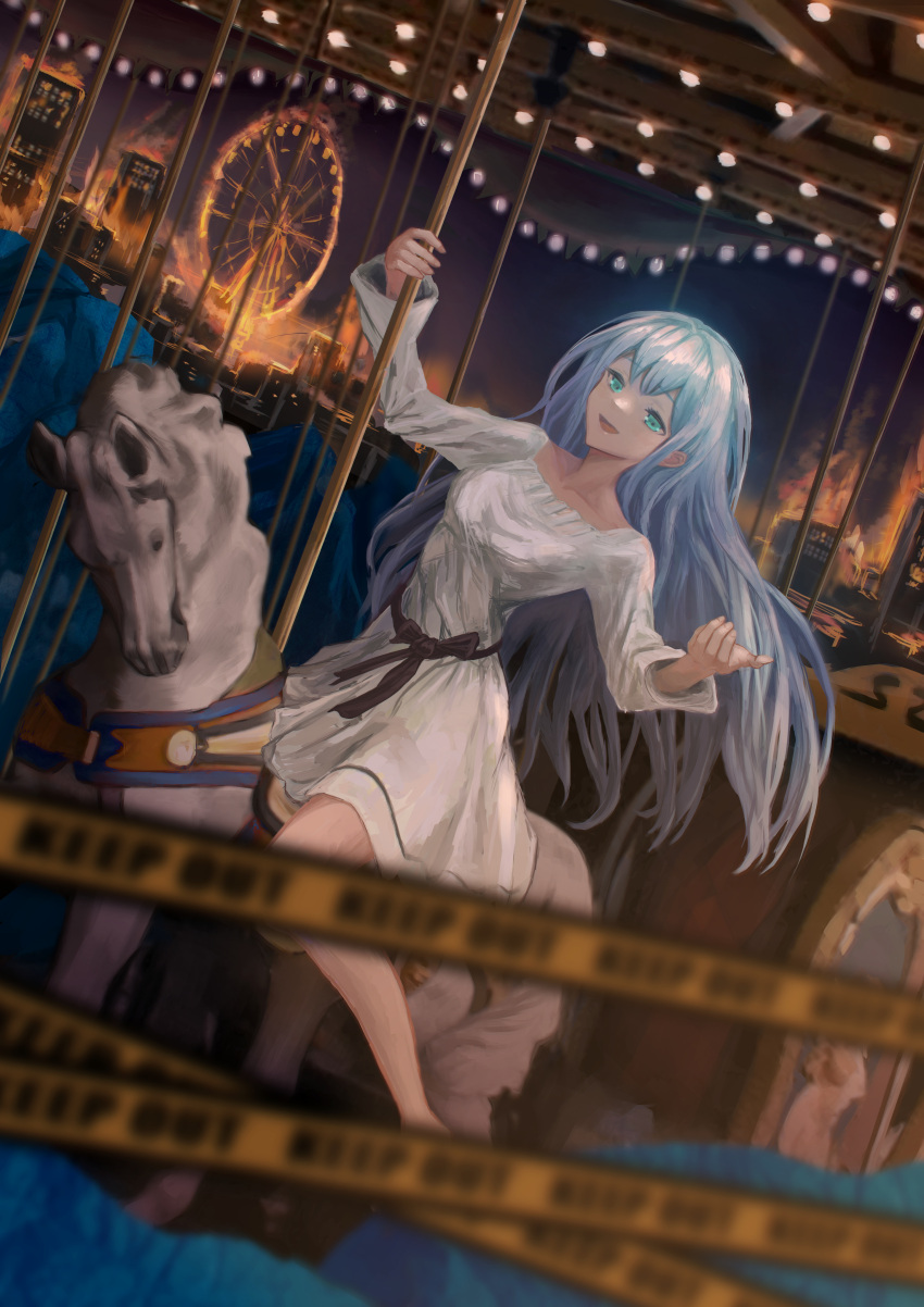 1girl absurdres blue_eyes blue_hair bow burning carousel caution_tape city collarbone dress eyebrows_visible_through_hair ferris_wheel fire gradient_hair hands_up highres kuronouka lights long_hair long_sleeves looking_at_viewer multicolored_hair open_mouth original reaching_out sitting smile very_long_hair waist_bow white_hair