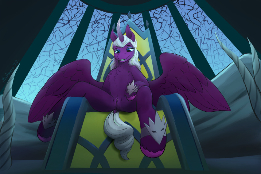 3:2 blue_eyes chest_tuft digital_media_(artwork) dock equid equine eyeshadow feathered_wings feathers female feral fur genitals hair hasbro hi_res hooves horn makeup mammal miramore mlp_g5 my_little_pony my_little_pony:_make_your_mark purple_body purple_feathers purple_fur pussy smile solo tuft unknown_character winged_unicorn wings