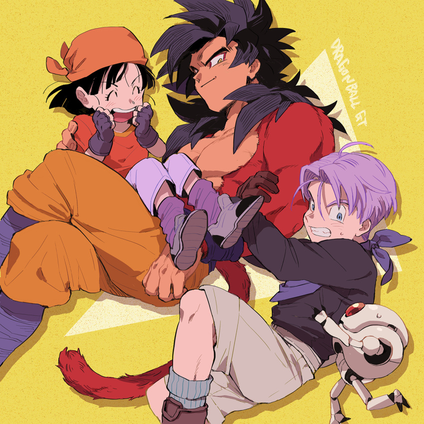 1girl 2boys ^_^ arm_at_side bandana bangs belt black_gloves black_hair black_shirt blue_eyes blush brown_gloves cargo_shorts clenched_hands clenched_teeth clinging closed_eyes closed_mouth clothes_grab crossed_legs denim dragon_ball dragon_ball_gt fingerless_gloves flat_chest giru_(dragon_ball) gloves grandfather_and_granddaughter grey_footwear grey_legwear grin gutstemple hair_strand hand_on_another's_back hands_on_another's_arm hands_up highres jeans laughing long_hair long_sleeves looking_at_another looking_down loose_socks monkey_tail multiple_boys neckerchief nervous no_nipples orange_bandana pan_(dragon_ball) pants parted_bangs pectorals purple_hair purple_legwear purple_neckerchief red_shirt robot shadow shirt short_hair shorts sideways_glance simple_background sitting sitting_on_lap sitting_on_person smile socks son_goku spiked_hair straight_hair striped striped_legwear super_saiyan super_saiyan_4 sweatdrop tail teeth triangle trunks_(dragon_ball) twitter_username upper_teeth vertical-striped_legwear vertical_stripes yellow_background yellow_eyes yellow_pants