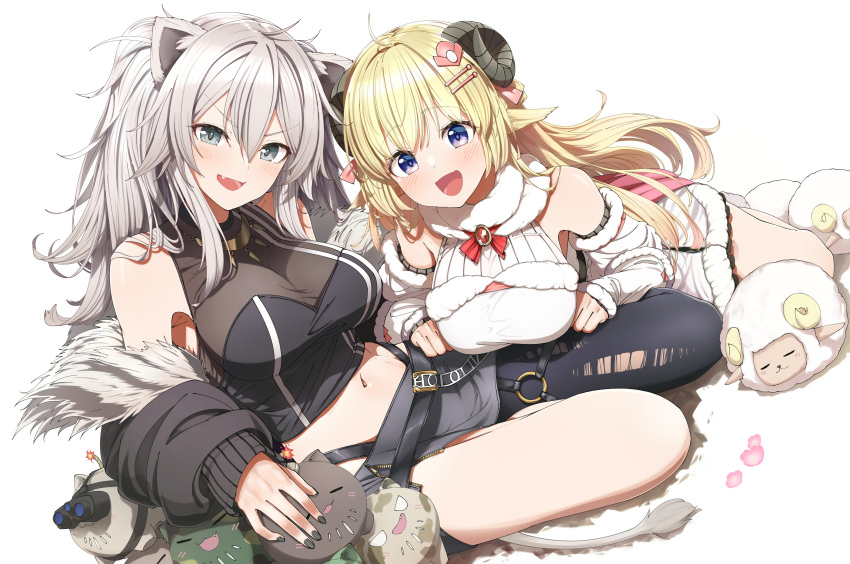 2girls :d absurdres ahoge animal_ears bangs black_jacket black_legwear black_shirt blonde_hair braid breasts cleavage crop_top detached_sleeves dress ear_piercing fang fur-trimmed_dress fur-trimmed_jacket fur-trimmed_sleeves fur_trim grey_eyes grey_hair grey_skirt hair_between_eyes hair_ornament hairclip half_updo highres hololive horns jacket jewelry large_breasts lion_ears lion_girl lion_tail long_hair looking_at_viewer messy_hair miniskirt multiple_girls murakami_ryouga navel necklace off_shoulder open_mouth piercing purple_eyes see-through sheep_ears sheep_girl sheep_horns shirt shishiro_botan sidelocks single_leg_pantyhose skin_tight skirt sleeveless sleeveless_dress sleeveless_shirt smile ssrb tail torn_clothes torn_legwear tsunomaki_watame two_side_up very_long_hair virtual_youtuber watamate white_dress zipper_skirt