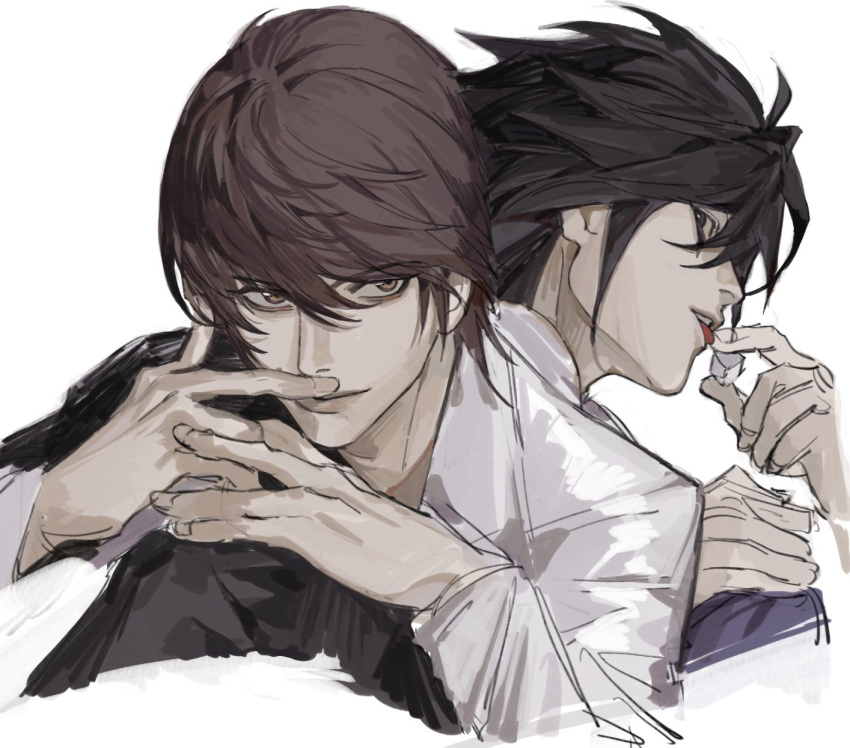 2boys bags_under_eyes black_eyes black_hair brown_eyes brown_hair death_note eating highres l_(death_note) male_focus multiple_boys puppetjackmj steepled_fingers sugar_cube yagami_light