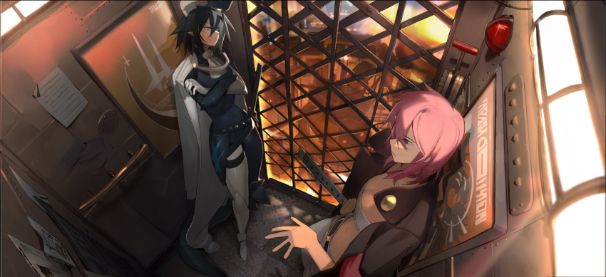 2girls against_wall armored_bodysuit bangs belt black_belt black_bodysuit black_coat black_hair blue_eyes bodysuit breasts brown_eyes character_request city cleavage cloak coat collarbone contrapposto copyright_request covered_navel crossed_arms elevator fisheye from_above full_body hair_between_eyes high_collar highres horns katana knifedragon medium_hair midriff multiple_girls navel open_cloak open_clothes pants pink_hair pointy_ears poster_(object) sheath sheathed short_hair spiked_hair standing strapless sword tube_top weapon white_cloak white_pants white_tube_top