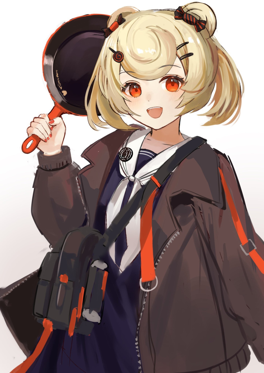 1girl animal_ears arknights azuazu_0405 bag bear_ears bear_girl blonde_hair blue_dress candy_hair_ornament dress food-themed_hair_ornament frying_pan gummy_(arknights) hair_ornament hairclip handbag head_tilt highres holding holding_frying_pan light_blush long_sleeves looking_at_viewer neckerchief open_mouth oversized_clothes red_eyes red_nails sailor_collar short_hair simple_background smile solo twirl white_background white_neckerchief white_sailor_collar zipper