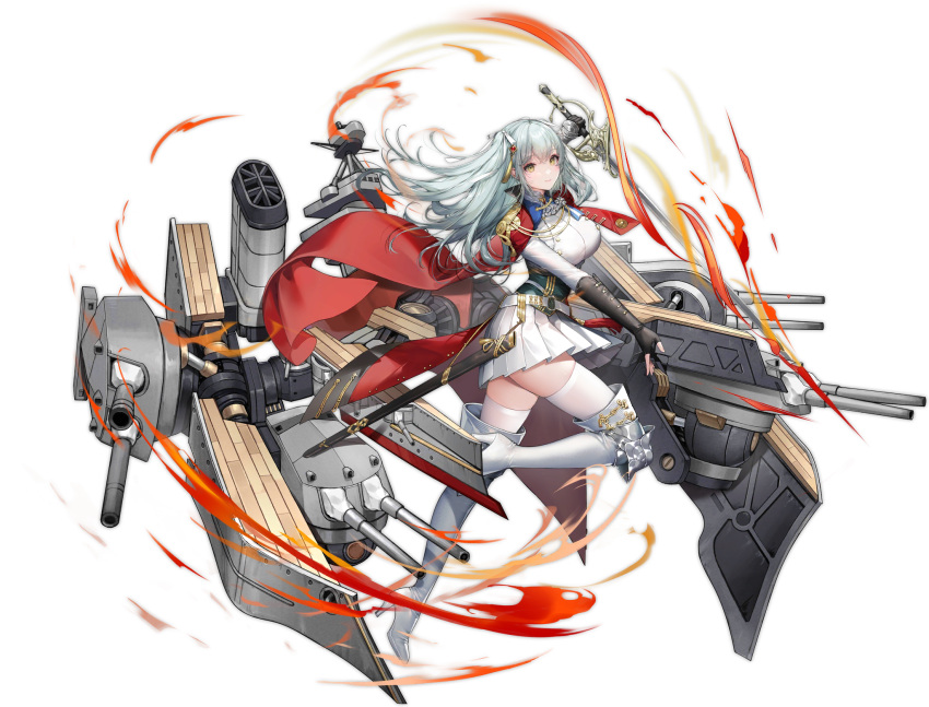 1girl armor azur_lane bangs belt boots bow bowtie breasts buttons cape closed_mouth eyebrows_visible_through_hair fingerless_gloves fire full_body gloves green_hair hair_ornament high_heel_boots high_heels highres holding holding_sword holding_weapon knee_pads large_breasts leg_up long_hair looking_at_viewer machinery official_art pleated_skirt revenge_(azur_lane) sencha_(senchat) sheath shiny shiny_hair skirt smile solo sword thigh_boots thighs transparent_background turret weapon white_footwear white_legwear yellow_eyes zettai_ryouiki