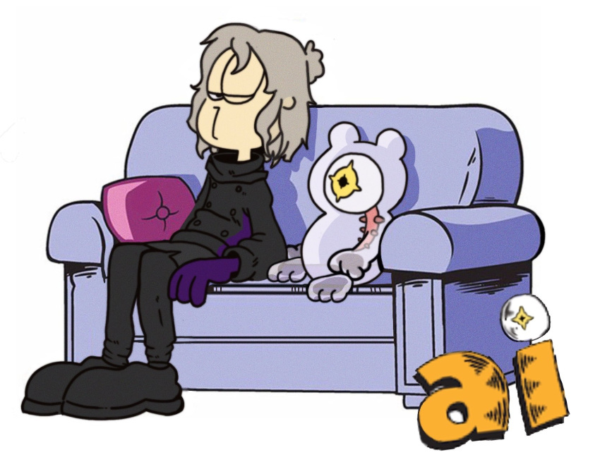 ai:_the_somnium_files aiba_(ai:_the_somnium_files) black_footwear black_jacket black_pants character_request couch english_commentary full_body garfield highres jacket jim_davis_(style) logo medium_hair pants pillow simple_background sitting somniumfriend white_background