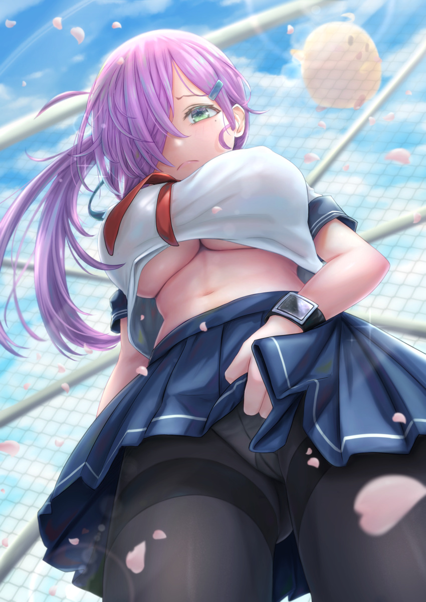 1girl absurdres ass_visible_through_thighs azur_lane black_legwear black_skirt blue_ribbon breasts chain-link_fence clothes_lift covered_nipples crop_top crop_top_overhang day fence from_below green_eyes hair_over_one_eye hair_ribbon highres large_breasts lifted_by_self long_hair looking_at_viewer looking_down manjuu_(azur_lane) miniskirt neckerchief official_alternate_costume outdoors panties panties_under_pantyhose pantyhose petals pleated_skirt purple_hair red_neckerchief ribbon shirt shirt_overhang short_sleeves skirt skirt_lift smartwatch solo thighband_pantyhose trieste_(azur_lane) trieste_(rooftop_lunch_break)_(azur_lane) underboob underwear uniform white_shirt zusshii_(libertasgenesis)