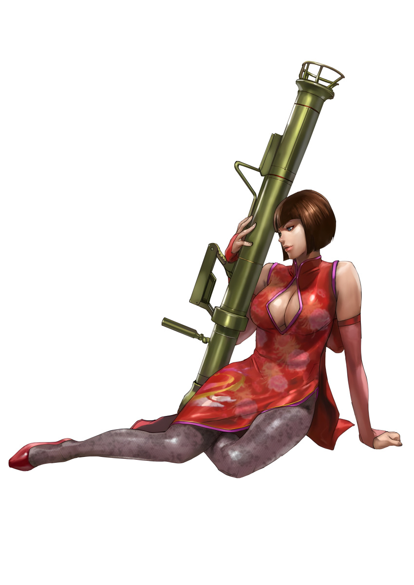 1girl absurdres anna_williams bandai_namco bare_shoulders blue_eyes bob_cut breasts bridal_gauntlets brown_hair china_dress chinese_clothes cleavage cleavage_cutout clothing_cutout contrapposto dress elbow_gloves gloves high_heels highres holding holding_weapon junny large_breasts lipstick long_dress lying makeup nose official_art on_side pantyhose print_legwear resized rocket_launcher shoes short_hair solo tekken tekken_tag_tournament_2 upscaled weapon