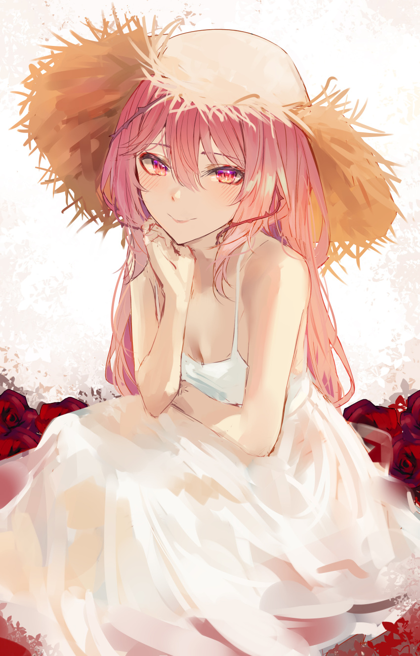 1girl absurdres blush breasts cleavage dress flower hat highres long_hair looking_at_viewer naokomama nijisanji nijisanji_en pink_hair red_eyes red_flower red_rose rose rosemi_lovelock sitting sleeveless small_breasts solo squatting straw_hat virtual_youtuber white_background white_dress