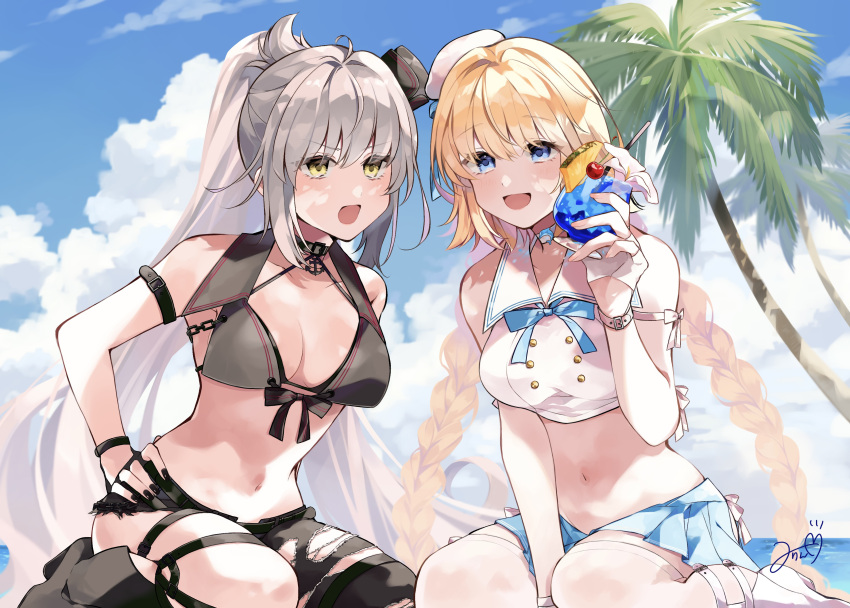 2girls absurdres ahoge alternate_costume alternate_hairstyle anchor_choker asymmetrical_clothes bangs bare_shoulders bikini bikini_top_only black_bikini black_headwear black_nails black_shorts black_swimsuit blonde_hair blue_eyes blue_ribbon blue_skirt blue_sky braid breasts buttons choker cleavage cloud collarbone commentary_request day drink eyebrows_visible_through_hair fate/grand_order fate_(series) grey_hair hair_between_eyes hand_on_hip hat highres holding holding_drink jeanne_d'arc_(fate) jeanne_d'arc_(mystery_treasure)_(fate) jeanne_d'arc_alter_(fate) jeanne_d'arc_alter_(mystery_treasure)_(fate) long_hair looking_at_viewer medium_breasts midriff mini_hat miniskirt misaki346 multiple_girls navel neck_ribbon official_alternate_costume official_alternate_hairstyle open_mouth outdoors palm_tree pants pleated_skirt ponytail ribbon sailor_collar sailor_hat short_shorts shorts signature single_pantsleg sitting skirt sky sleeveless smile split_ponytail sunlight swimsuit torn_clothes torn_pants tree twin_braids very_long_hair wariza white_headwear white_legwear yellow_eyes