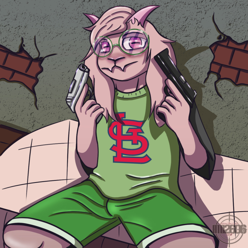 1:1 2022 adamayster anthro atg2606 bottomwear bovid brick brick_wall brown_body brown_fur caprine clothing deltarune eyewear fur glasses goat green_bottomwear green_clothing green_eyewear green_glasses green_shirt green_shorts green_topwear gun handgun headgear headwear hi_res holding_gun holding_object holding_weapon horn logo long_ears long_shirt male mammal mattress multicolored_clothing multicolored_shirt multicolored_topwear pink_eyes pink_horn pistol ralsei ralsei_with_a_gun ranged_weapon shirt shorts sleeves solo st._louis_cardinals_(mlb) t-shirt topwear undertale_(series) video_games wall_(structure) watermark weapon