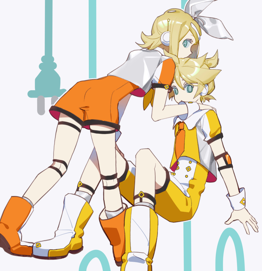 1boy 1girl absurdres ahoge arm_strap bangs blonde_hair blue_eyes boots bow cable calf_socks chi_ya empty_eyes hair_bow hand_on_another's_knee hand_on_another's_shoulder highres jumpsuit kagamine_len kagamine_rin knee_strap knees_up leaning_forward neckerchief necktie ponytail radio_antenna robot_ears short_sleeves shorts sitting thigh_strap vocaloid wrist_cuffs