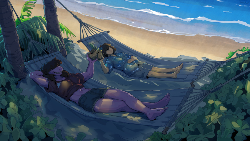 5_fingers 5_toes abs absurd_res aloha_shirt ambiguous_gender anthro athletic bangs barefoot beach beverage bite_mark bottomwear brown_hair claws clothing crop_top crossed_legs cutoffs day deltarune denim denim_clothing dinosaur dragon drinking_straw fangs feet female fingers food freckles fruit greasymojo grin hair hair_over_eyes hammock hand_behind_head hand_on_chest hi_res human kris_(deltarune) larger_female leaf long_hair lying mammal midriff monster muscular muscular_anthro muscular_female nails navel on_back outside palm_tree pattern_clothing pattern_shirt pattern_topwear pineapple pineapple_drink plant purple_body purple_skin relaxing reptile resting sand scalie sea seaside shaded sharp_nails sharp_teeth sharp_toenails shirt shorts size_difference smaller_ambiguous smile soft_abs soles susie_(deltarune) t-shirt teeth toasting toe_claws toenails toes toothy_grin topwear tree tropical tropical_plants undertale_(series) video_games water
