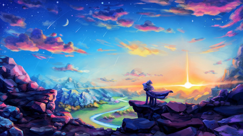 cape cliff cliff_side cliffs clothing cloud color_edit colored crescent_moon edit equid equine friendship_is_magic hasbro hat headgear headwear hi_res inowiseei landscape lens_flare mammal moon mountain my_little_pony river shooting_star star sun sunset trixie_(mlp) twilight witch_hat