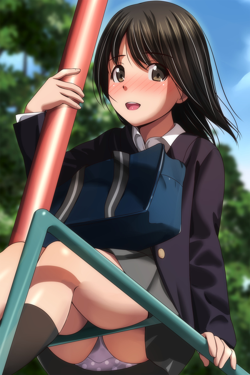 1girl absurdres ass bag black_hair black_jacket black_legwear blurry blurry_background blush brown_eyes collared_shirt day grey_skirt highres jacket jungle_gym kneehighs long_sleeves matsunaga_kouyou open_mouth original outdoors panties pink_panties pleated_skirt pole polka_dot polka_dot_panties school_bag school_uniform shirt short_hair sitting skirt sky smile solo thighs tree underwear white_shirt