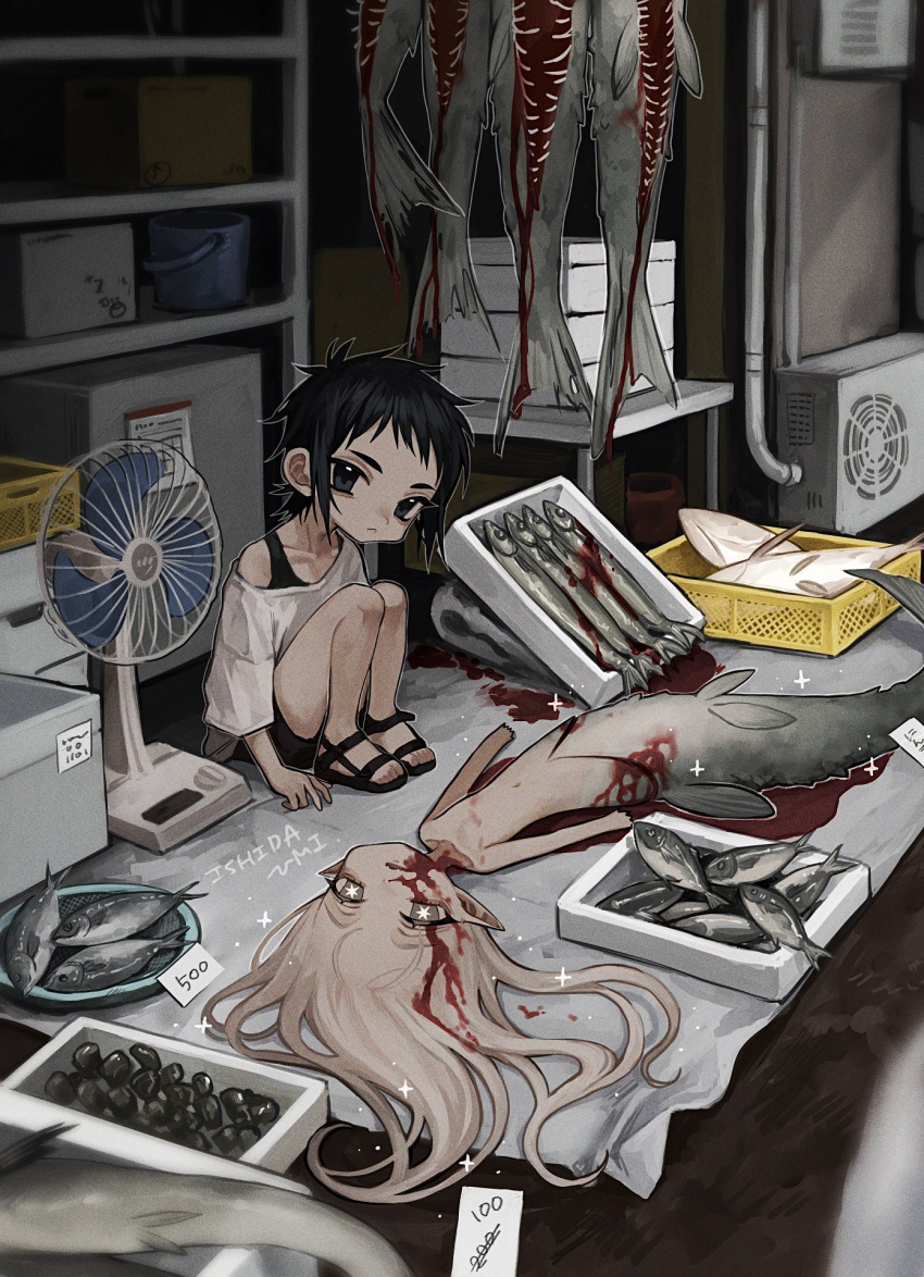 1boy 1girl air_conditioner artist_name bangs bare_legs black_eyes black_footwear black_hair black_shorts blood blood_on_face blood_splatter blurry bucket closed_mouth collarbone crate depth_of_field electric_fan expressionless fish food highres ishida_umi knees_to_chest legs_together long_hair looking_at_viewer lying market mermaid messy_hair monster_girl off_shoulder on_back on_floor original outline oversized_clothes oversized_shirt parted_lips plate pointy_ears pool_of_blood price_tag sandals seashell shell shirt short_hair short_shorts shorts sitting sparkle star-shaped_pupils star_(symbol) symbol-shaped_pupils t-shirt tank_top watermark white_hair white_outline white_shirt