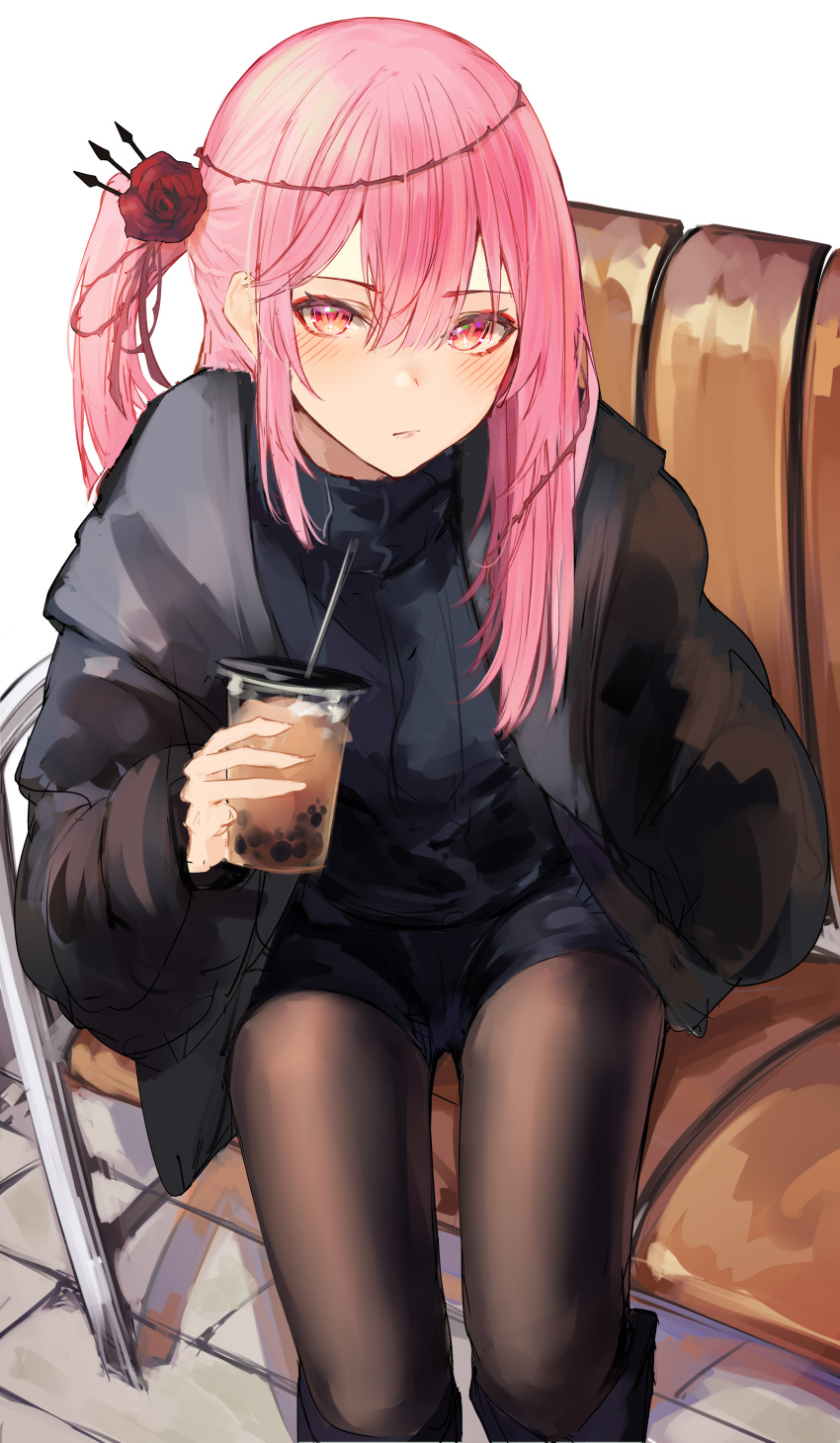 1girl absurdres bangs bench black_footwear black_hoodie black_legwear black_shorts black_sweater blush boots bubble_tea cup eyebrows_visible_through_hair eyelashes flower highres holding holding_cup hood hoodie knee_boots looking_at_viewer naokomama nijisanji nijisanji_en pantyhose plant red_flower red_rose rose rosemi_lovelock short_sidetail shorts sitting solo sweater thorns turtleneck turtleneck_sweater vines virtual_youtuber