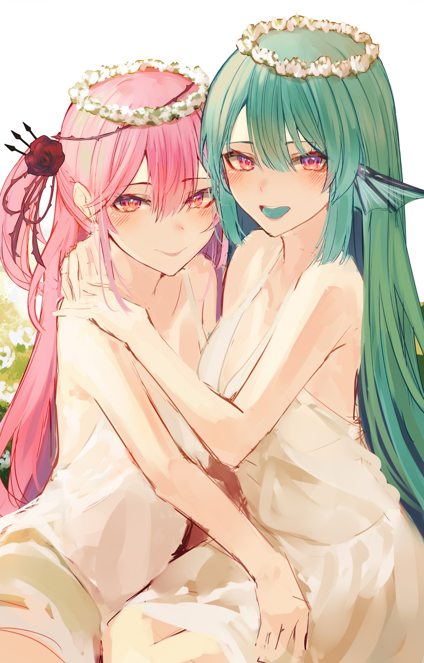 2girls absurdres bangs colored_tongue dress finana_ryugu fish_girl flower green_hair green_tongue head_fins highres hug long_hair looking_at_viewer multiple_girls naokomama nijisanji nijisanji_en open_mouth pink_hair purple_eyes red_eyes red_flower red_rose rose rosemi_lovelock sitting sleeveless smile thorns virtual_youtuber white_background white_dress wreath