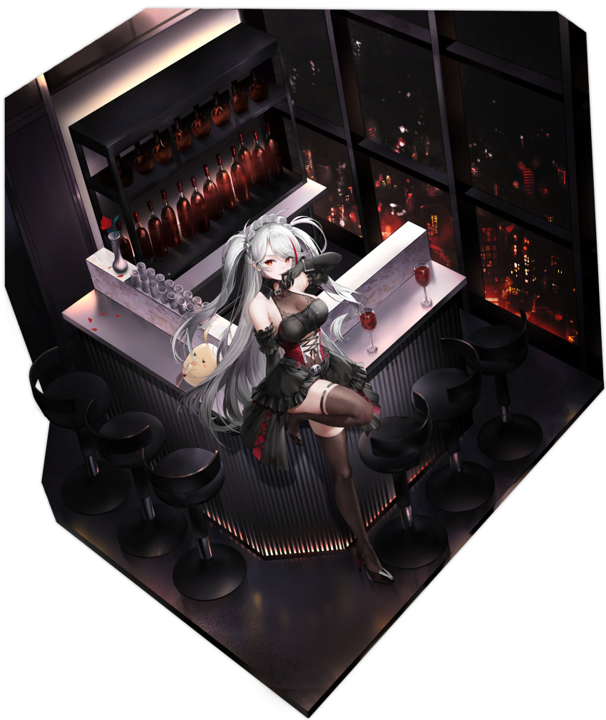 1girl artist_request azur_lane bangs bar bar_stool bare_shoulders black_dress black_footwear black_gloves bottle breasts chair cleavage counter cup dress drinking_glass elbow_gloves flower gloves hand_up high_heels highres knee_up leaning_back leaning_on_object long_hair looking_at_viewer maid_headdress manjuu_(azur_lane) medium_breasts mole mole_on_breast multicolored_hair official_alternate_costume official_art petals prinz_eugen_(azur_lane) prinz_eugen_(kindred_evening_spirits)_(azur_lane) red_eyes red_flower red_rose rose rose_petals see-through see-through_dress short_dress solo standing standing_on_one_leg stool streaked_hair thighhighs two-tone_hair white_hair wine_bottle wine_glass