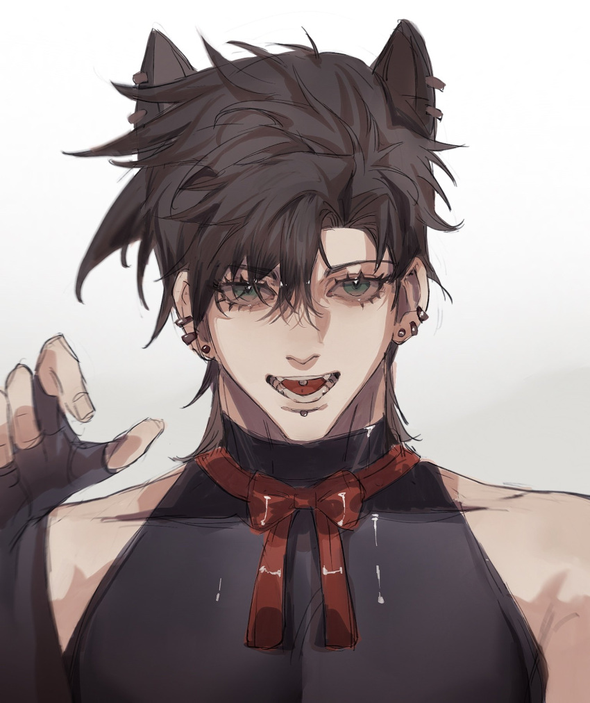 1boy animal_ears bare_shoulders battle_tendency bow brown_hair chin_piercing collar ear_piercing earrings fangs fingerless_gloves gloves green_eyes highres jewelry jojo_no_kimyou_na_bouken joseph_joestar joseph_joestar_(young) male_focus paw_pose piercing puppetjackmj sleeveless sleeveless_turtleneck solo straight-on turtleneck wolf_ears