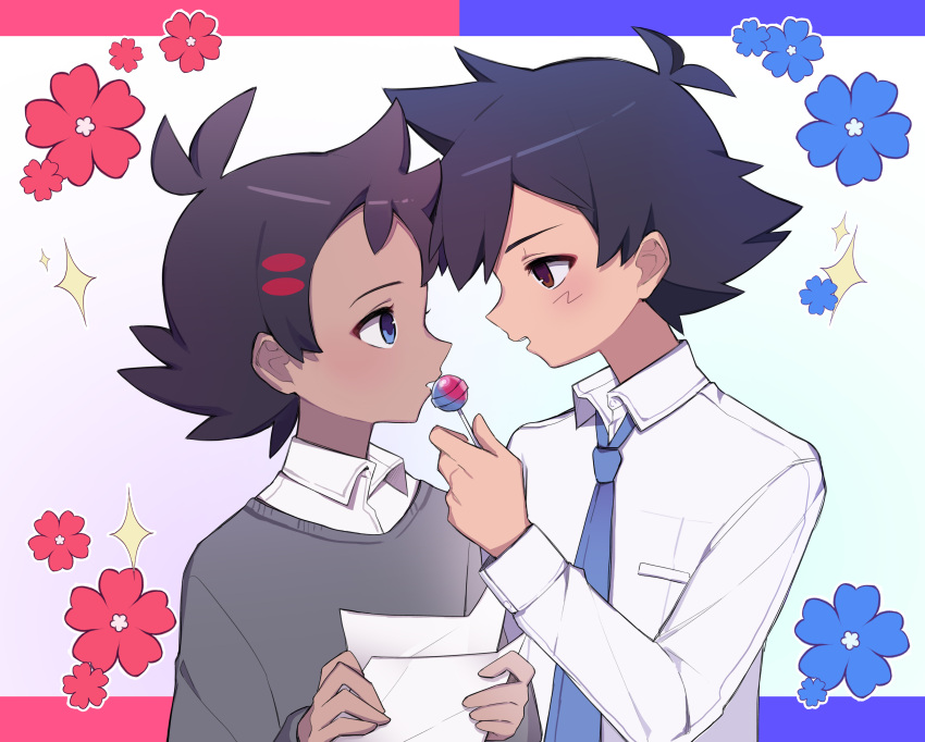 2boys absurdres antenna_hair ash_ketchum blue_eyes blue_necktie blush brown_eyes candy colaoud collared_shirt commentary_request eyelashes food goh_(pokemon) grey_sweater highres holding holding_paper korean_commentary lollipop long_sleeves male_focus multiple_boys necktie open_mouth paper pokemon pokemon_(anime) pokemon_journeys shirt short_hair sparkle sweater white_shirt