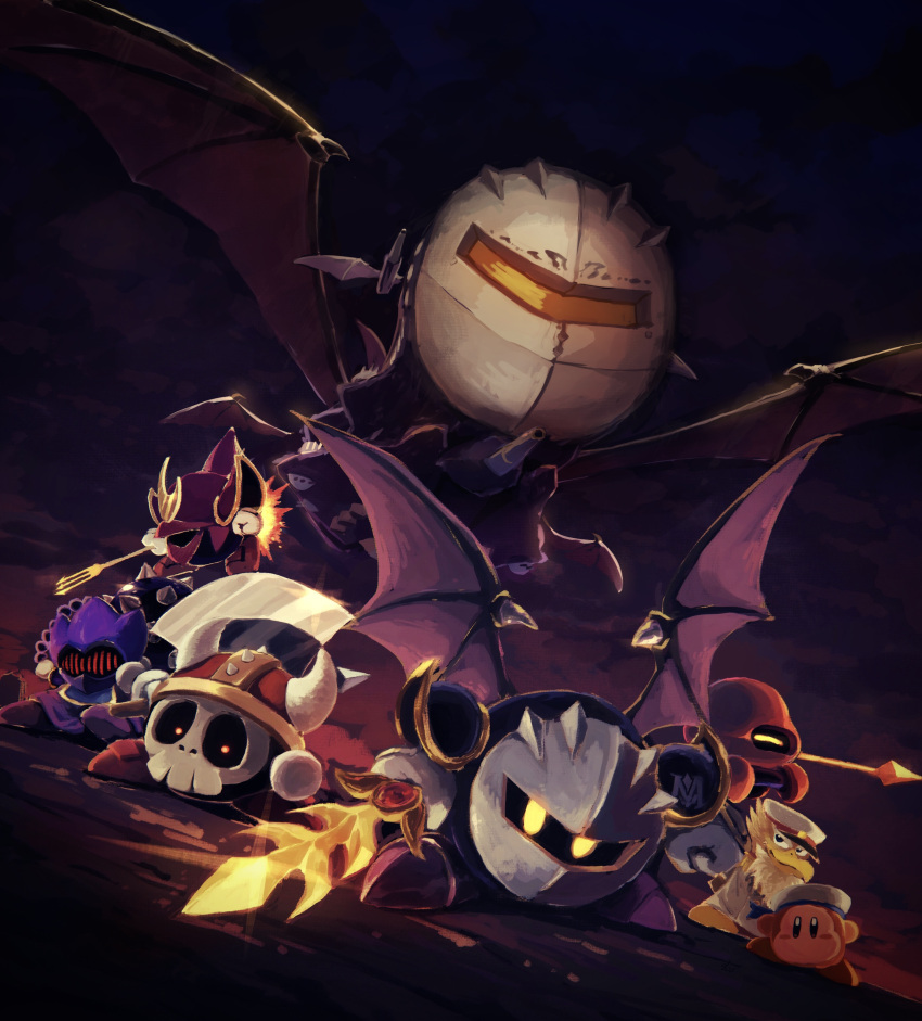 absurdres aircraft airship armor axe axe_knight_(kirby) bat_wings captain_vul cloud cloudy_sky dark_clouds fake_horns flail galaxia_(sword) halberd_(airship) helmet highres horned_helmet horns javelin_knight kirby_(series) kirby_super_star looking_at_viewer mace_knight mask meta_knight overcast polearm sailor_waddle_dee shoulder_armor skull sky suyasuyabi sword trident trident_knight weapon white_headwear wings