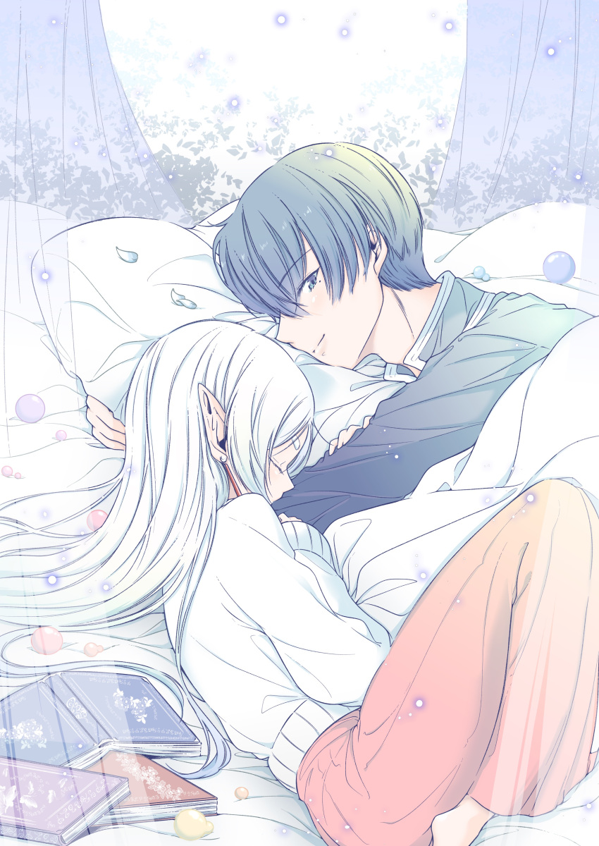 1boy 1girl absurdres ball bangs bed_sheet blanket blue_eyes blue_hair book closed_eyes closed_mouth contemporary couple curled_up curtains earrings elf frieren hair_down hand_on_another's_arm hetero highres himmel_(sousou_no_frieren) jewelry light_particles long_hair long_sleeves looking_at_viewer lying mole mole_under_eye object_hug on_bed on_side open_book pants petals pillow pillow_hug pointy_ears red_pants sachinyopo short_hair sideways_glance sleeping sleeves_past_wrists smile sousou_no_frieren sweater under_covers white_hair white_sweater