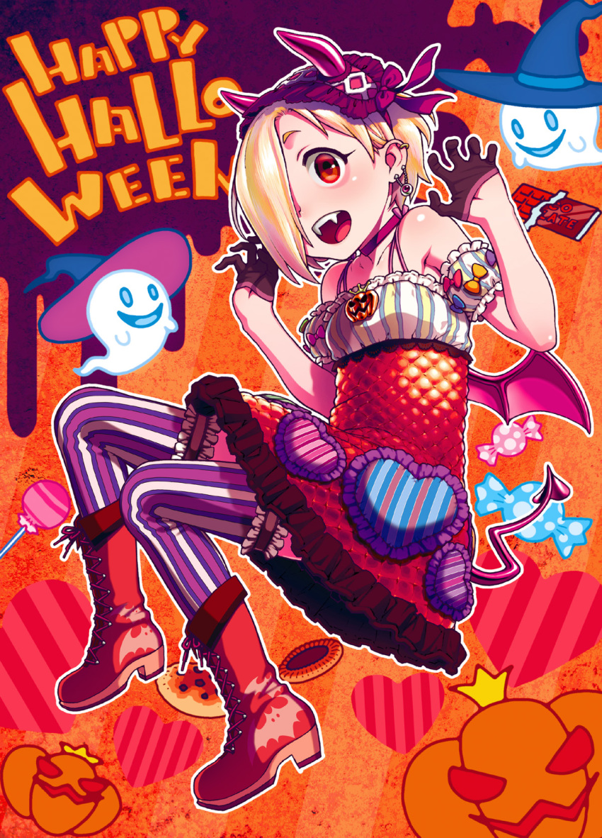 1girl bare_shoulders blonde_hair boots candy choker claw_pose commentary_request costume demon_horns demon_tail demon_wings detached_sleeves dress ear_piercing earrings fangs food frilled_hairband frills full_body ghost gloves hair_over_one_eye hairband half_gloves halloween halloween_costume happy_halloween hat heart highres hijiri_rei horns idolmaster idolmaster_cinderella_girls jack-o'-lantern jewelry lollipop open_mouth piercing puffy_short_sleeves puffy_sleeves pumpkin red_eyes shirasaka_koume short_hair short_sleeves sleeveless sleeveless_dress smile striped striped_legwear tail thighhighs vertical-striped_legwear vertical_stripes wings witch_hat