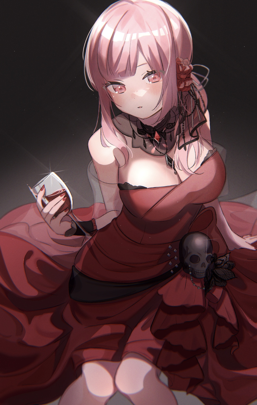 1girl 852_box alcohol bare_shoulders black_choker blush breasts choker cleavage cup dress drinking_glass eyes_visible_through_hair fingernails flower frills gem glint hair_flower hair_ornament highres holding holding_cup hololive hololive_english long_fingernails long_hair mori_calliope off_shoulder official_alternate_costume parted_lips pink_eyes pink_hair ponytail red_dress red_flower red_gemstone red_nails see-through sitting skull skull_ornament solo virtual_youtuber wine wine_glass