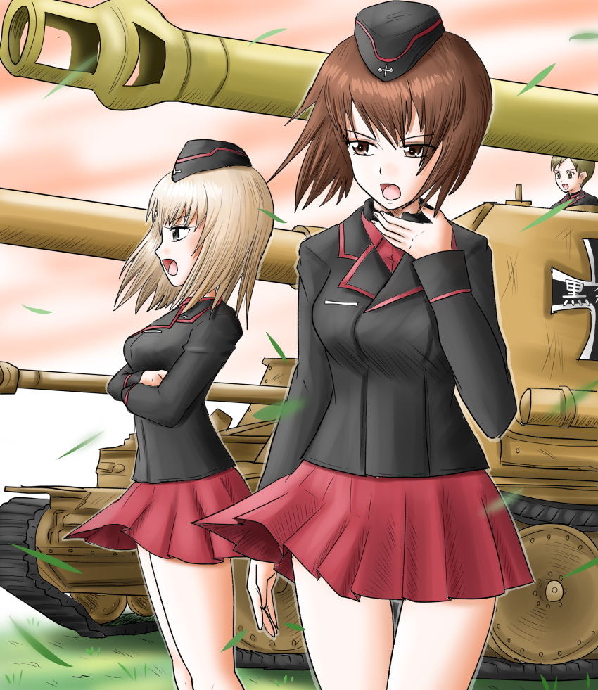 bangs black_headwear black_jacket brown_eyes brown_hair commentary crossed_arms dress_shirt emblem english_commentary evening frown garrison_cap girls_und_panzer grey_hair ground_vehicle hand_on_own_throat harukai-i hat highres insignia itsumi_erika jacket kojima_emi kuromorimine_(emblem) kuromorimine_military_uniform long_sleeves looking_to_the_side medium_hair military military_hat military_uniform military_vehicle miniskirt mixed-language_commentary motor_vehicle nishizumi_maho open_mouth outdoors pleated_skirt red_shirt red_skirt shirt short_hair skirt standing tank throat_microphone uniform vehicle_request very_short_hair wing_collar