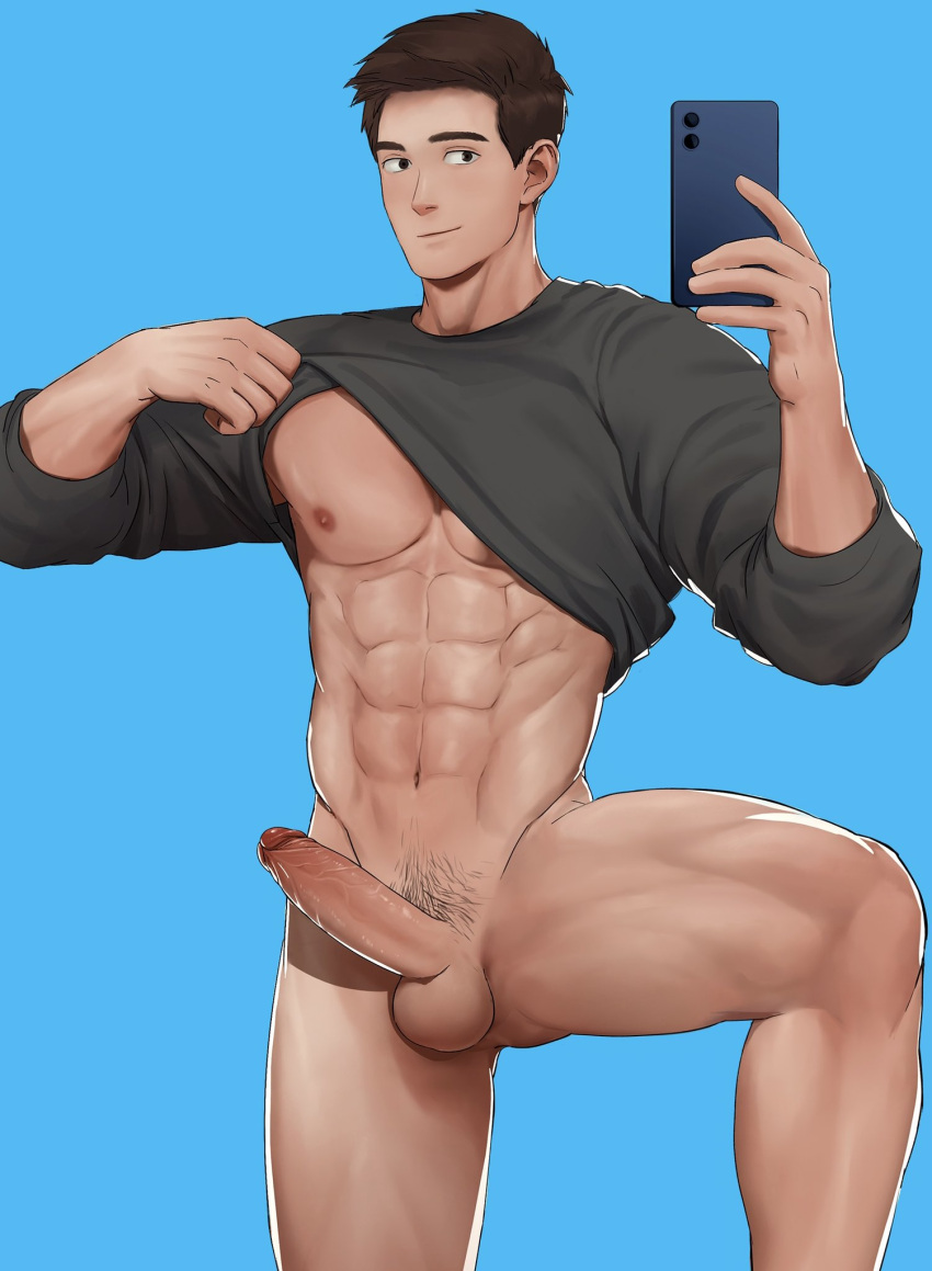 1boy abs bara black_hair black_shirt bottomless closed_mouth clothes_lift erection highres holding holding_phone large_pectorals leg_up lifted_by_self looking_at_phone male_focus male_pubic_hair muscular muscular_male naked_shirt naoki_(xhju8282) navel nipples nude original pectorals penis phone pubic_hair shirt shirt_lift short_hair solo thighs